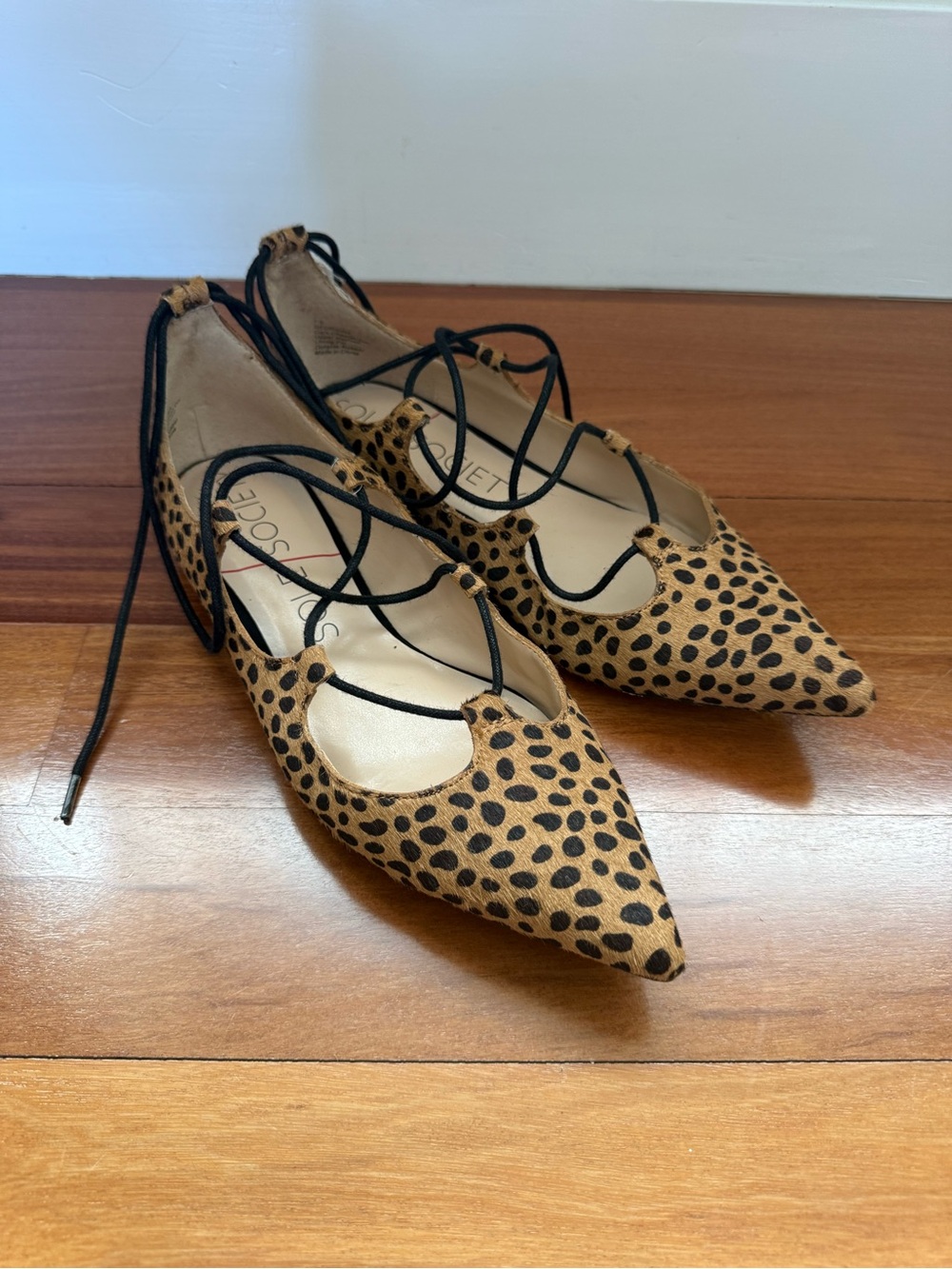 Sole Society Women's Leopard Lace-Up Pointed Flats - Tan/Black 7.5